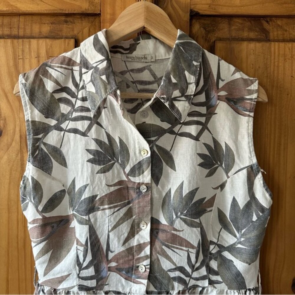 Laura Bianchi 100% Linen Neutral Florals Button Up Sleeveless Shirt Dress - M - Picture 4 of 11